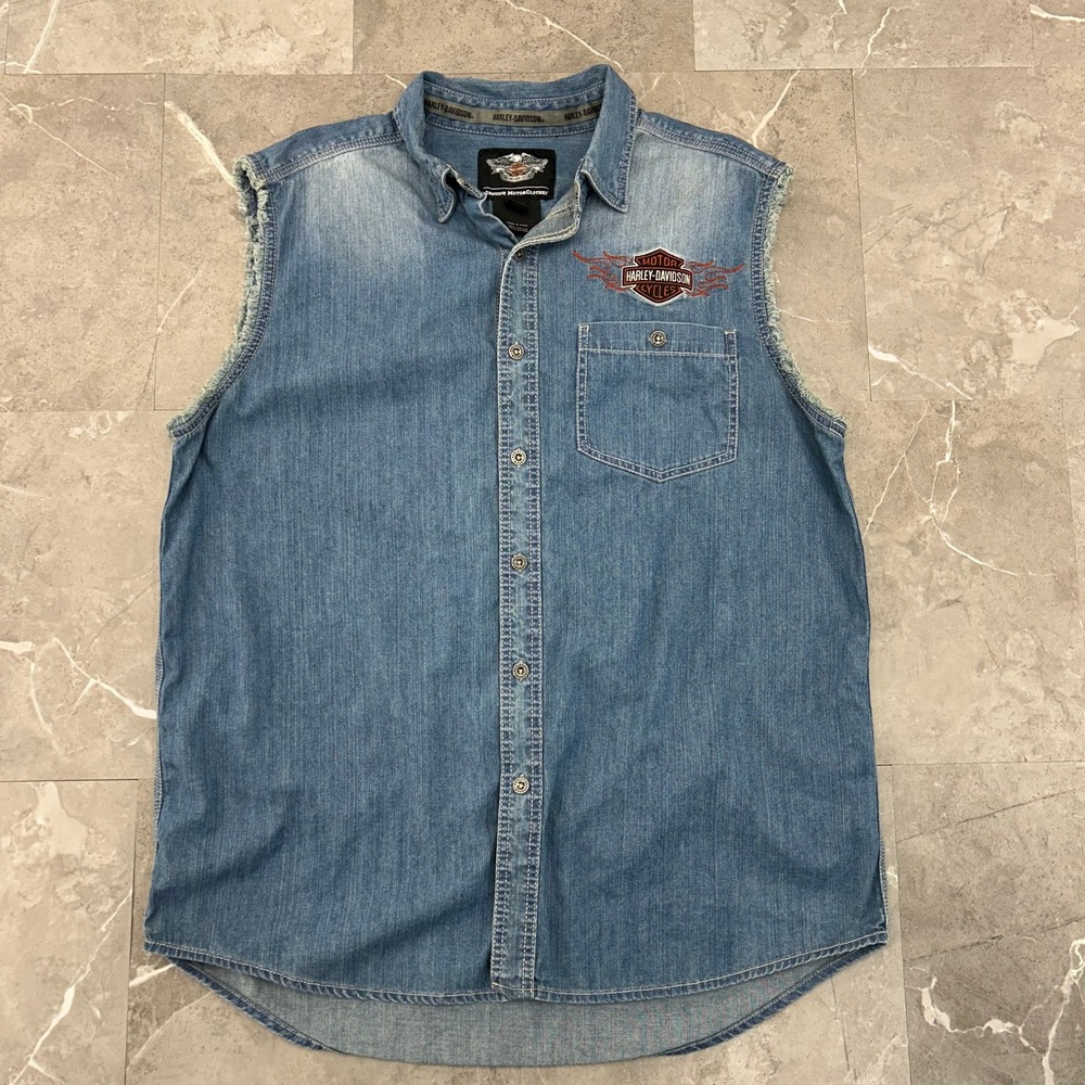 Harley Davison Denim Button Up Shirt Mens Large Sleeveless Vest Embroidered Bike